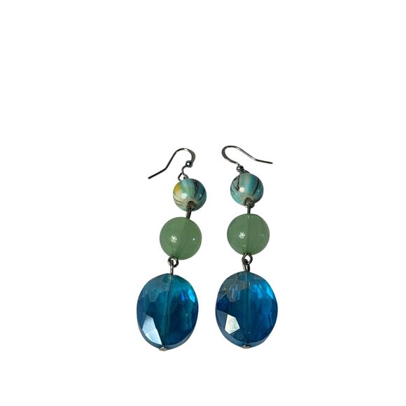 Blue Green Brown Black Acrylic Beaded Dangle Earrings Faceted Blue Glass 2.25 in - Picture 1 of 3